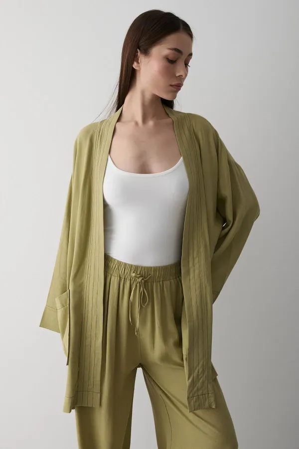 Haki %100 Pamuk Cep Detaylı Kuşaklı Kimono Takım - 8491