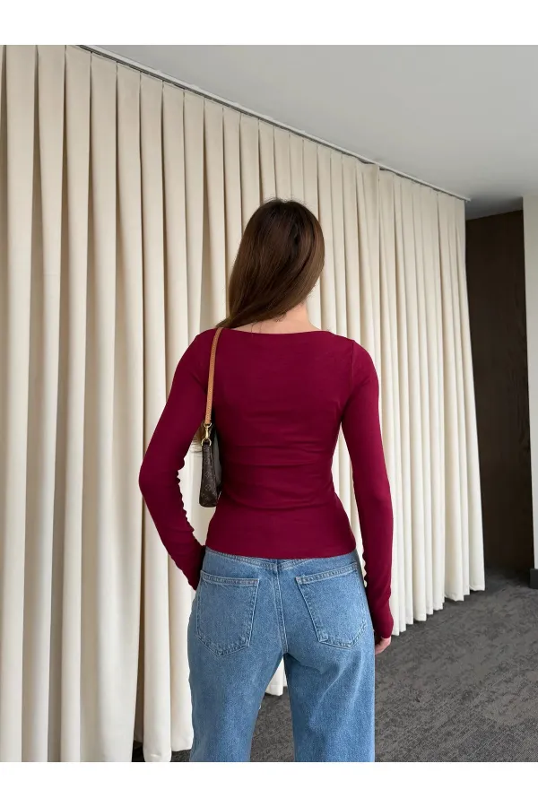 Bordo Bisiklet Yaka Uzun Kollu Body - 0098