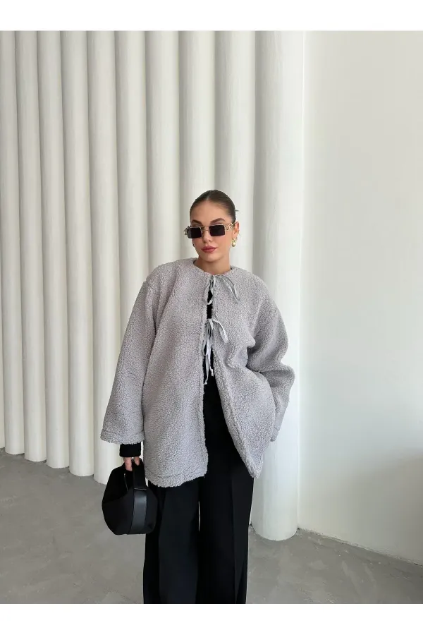 Grey Front Tie Teddy Jacket