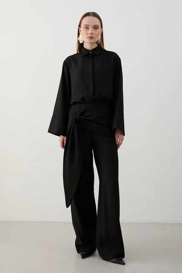 Siyah Beli Detaylı Pantolon Gömlek Takım - 8862