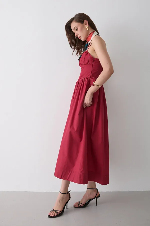Kırmızı Bel Detaylı Poplin Elbise - 2001