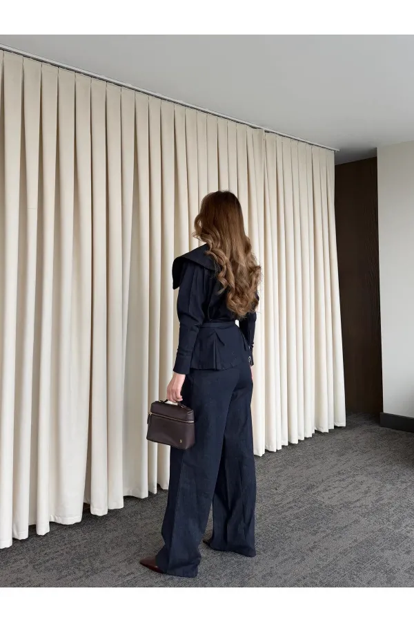 Costume en jean bleu marine de créateur - 8002