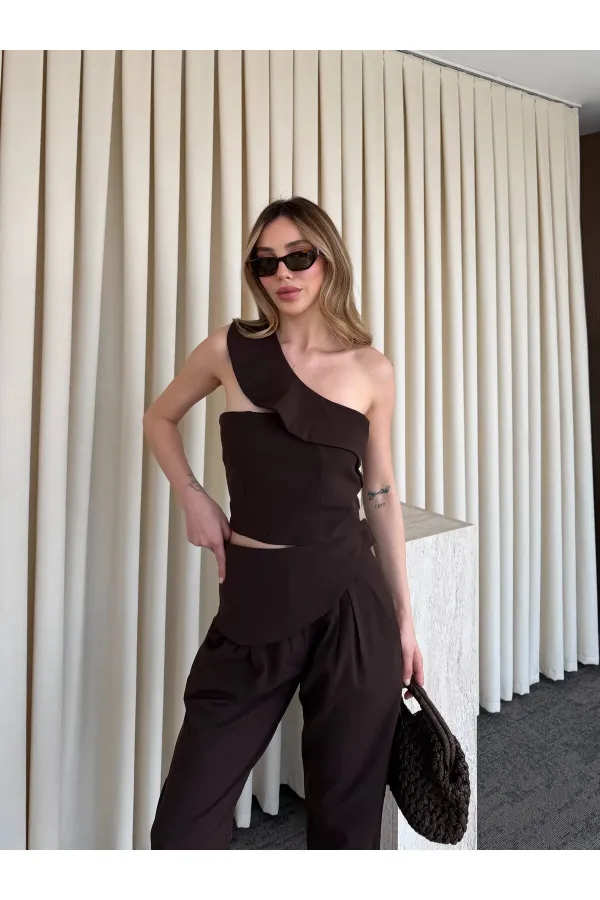 Acı Kahve Tek Omuz Tasarım Yaka Bluz Pantolon Takım - 8003