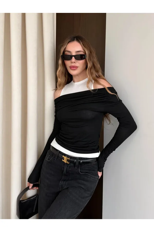 Siyah Beyaz Atletli Kayık Yaka Bluz - 0780