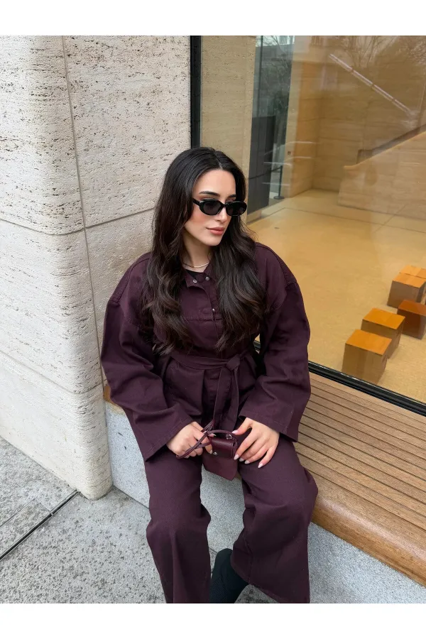 Mürdüm Bağlamalı Denim Ceket Pantolon Takım