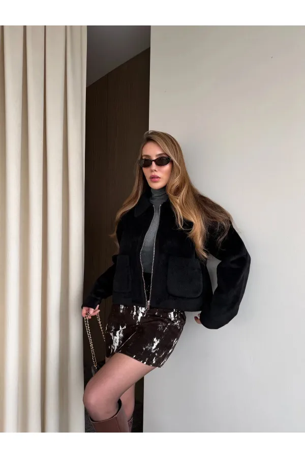 Siyah Fermuarlı Süet Ceket - 00664