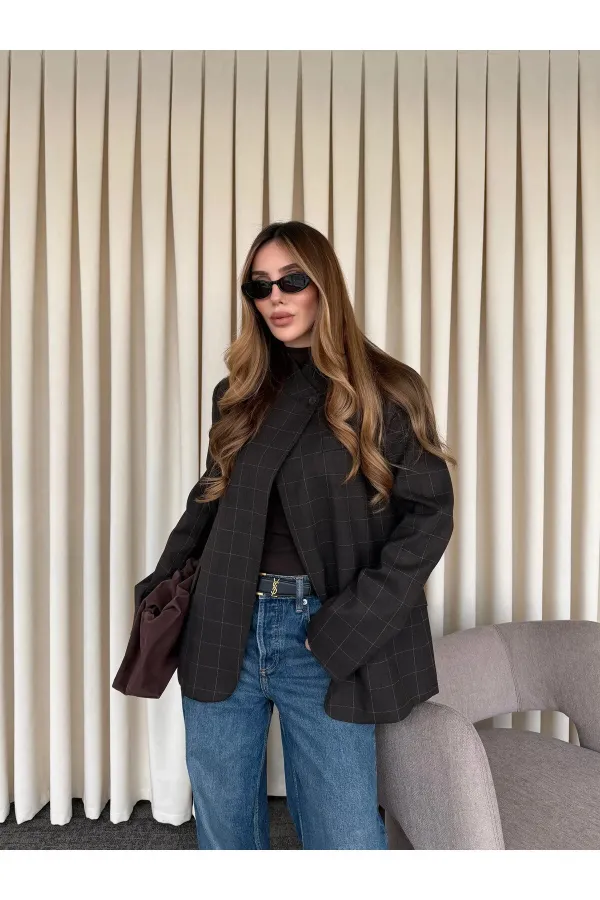 Kahverengi Hakim Yaka Ekose Ceket - 4103