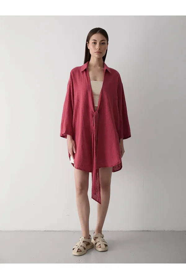 Burgundy Flam Linen Kimono Shirt