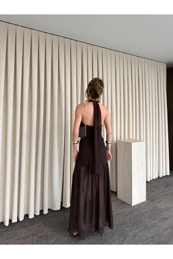 Kahverengi Gül Detaylı Şifon Elbise - 2485