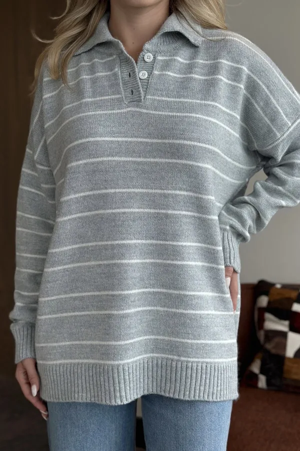 Grey and White Striped Sweater -1510