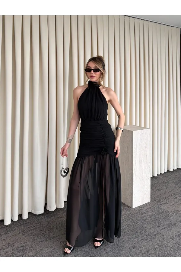 Siyah Gül Detaylı Şifon Elbise - 2485