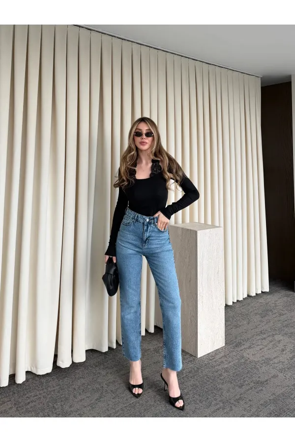 Black Blouse with Lace Neckline - 261017