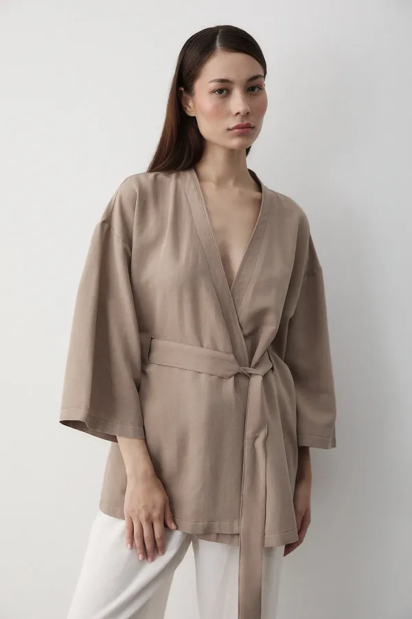 Sütlü Kahve Iç Kemerli Fakir Kol Kimono - 5383