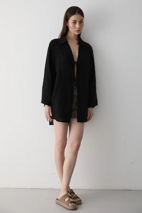 Black 100% Cotton Linen Kimono Blouse with Lace Detail