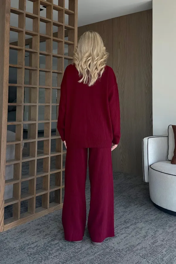 Ensemble col roulé bordeaux en maille côtelée - 4671