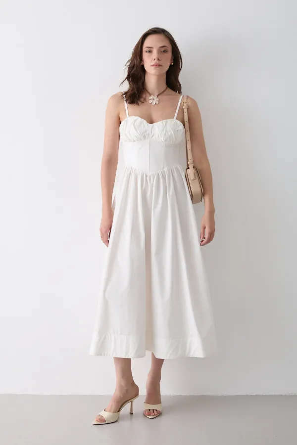 Beyaz Bel Detaylı Poplin Elbise - 2001