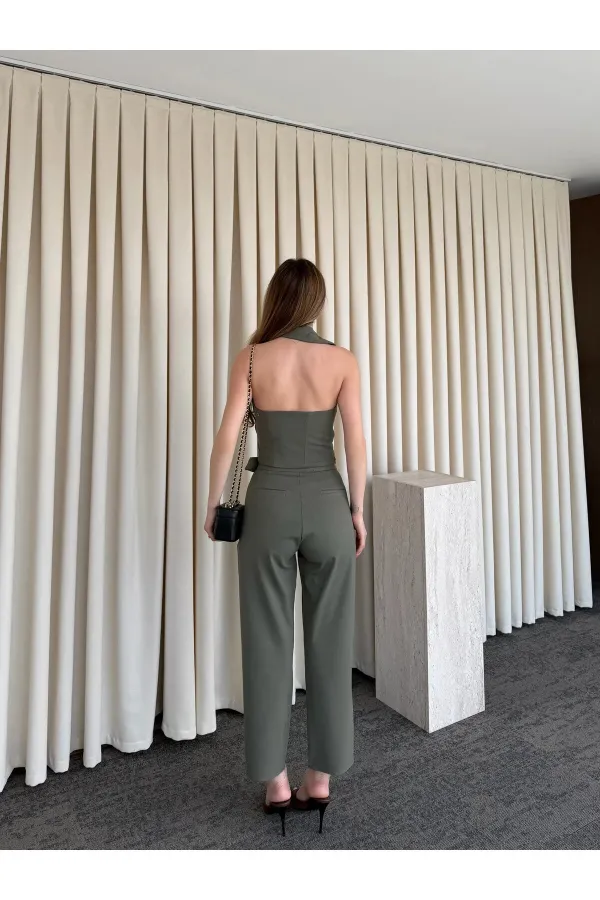 Haki Tek Omuz Tasarım Yaka Bluz Pantolon Takım - 8003