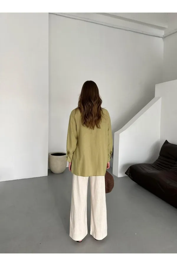 Chemise kaki 100 % coton à boutons croisés avec ceinture