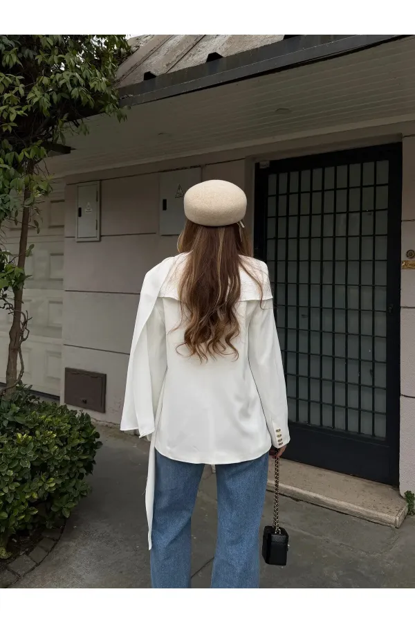 Beyaz Gold Düğmeli Şallı Ceket - 9721