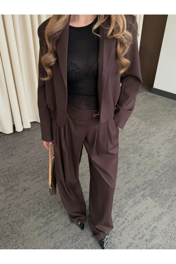 Kahverengi Crop Ceket Pantolon Takım - 9689