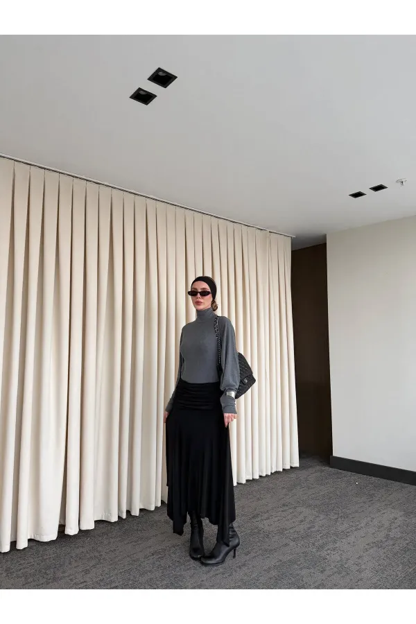 Jupe noire à ceinture froncée - 3366