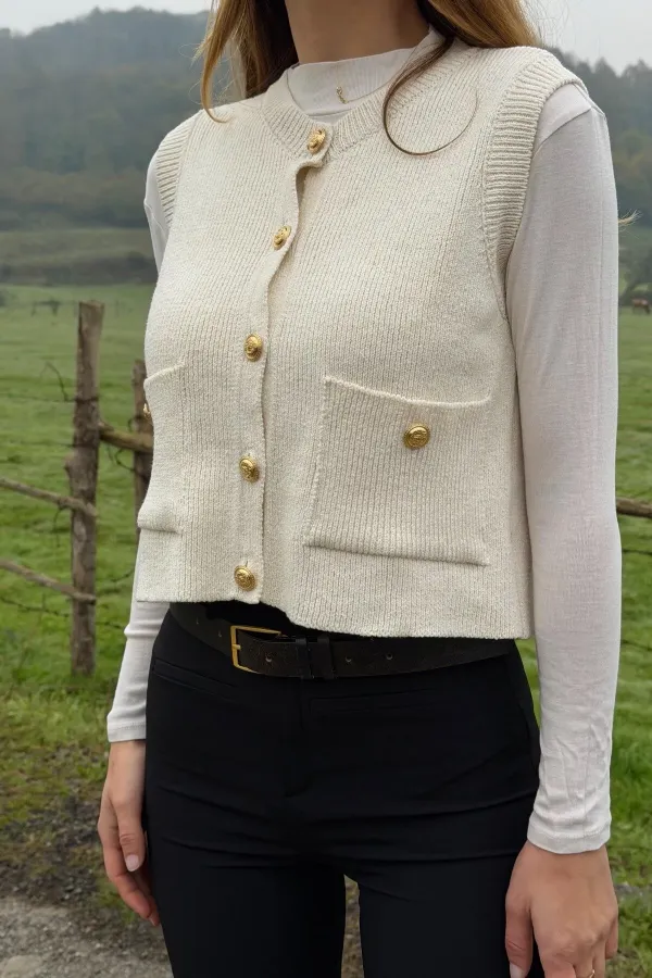 Off-White Vest with Gold Buttons - 4495