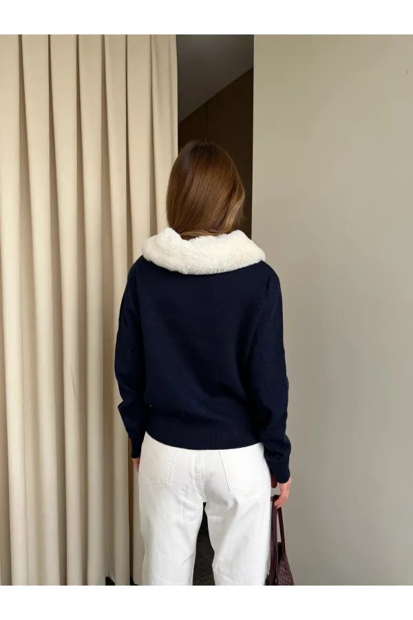 Lacivert Yakası Kürklü Hırka - 261002