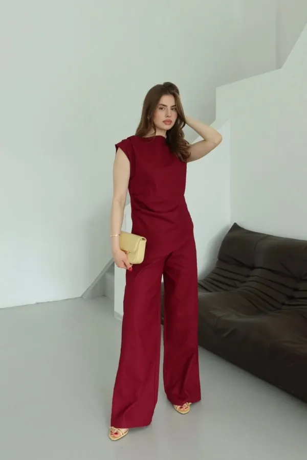 Ensemble chemisier et pantalon asymétriques bordeaux - 7227