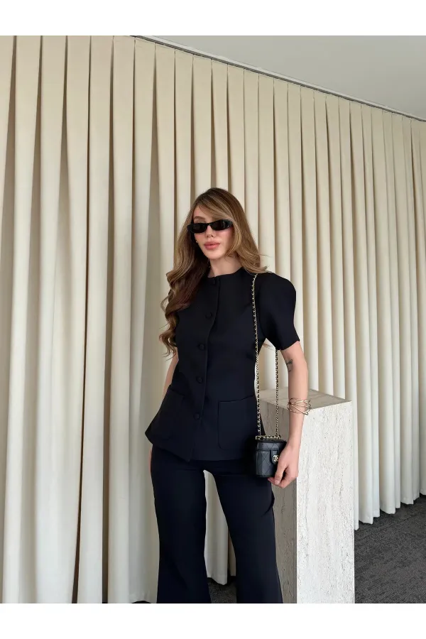 Siyah Balon Kol Düğmeli Ceket Pantolon Takım - 0440