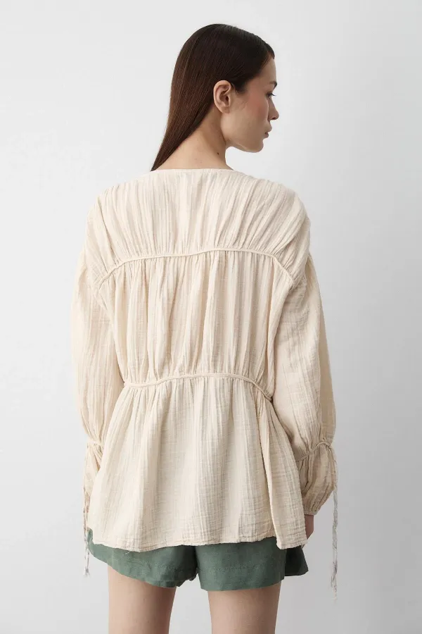 Natural 100% Cotton Muslin Shirt with Elasticated Sleeves
