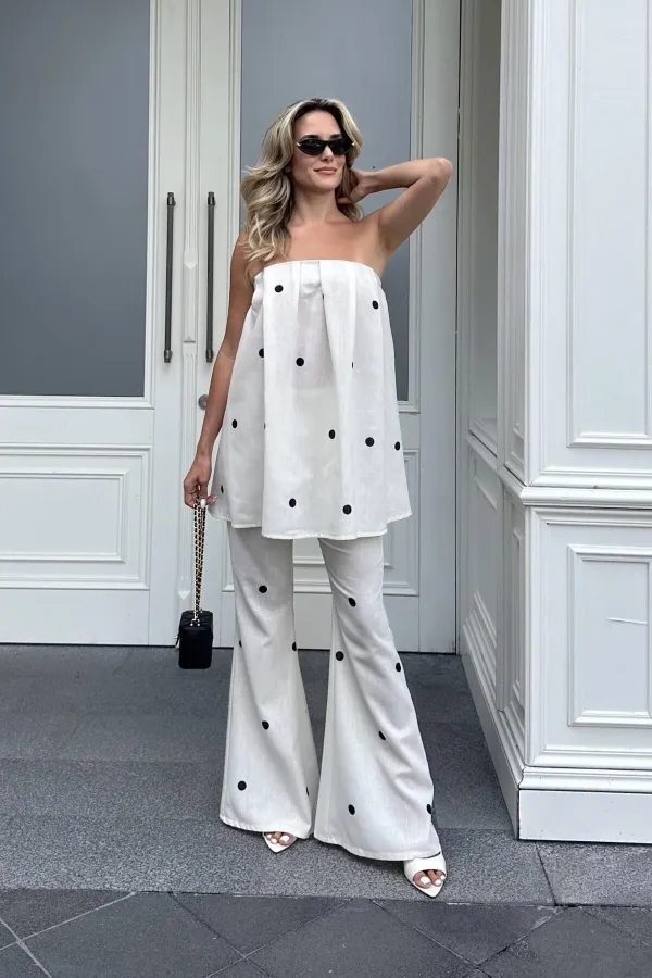 Beyaz Siyah Puantiyeli Straplez Bluz Pantolon Takım