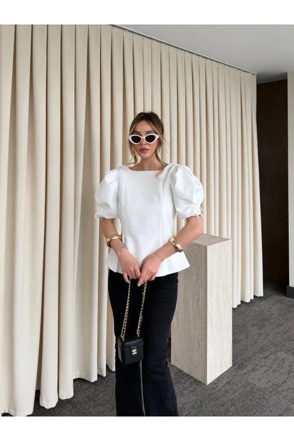 Off-White Blouse with Pearl Bow Detail on Sleeves - 5001