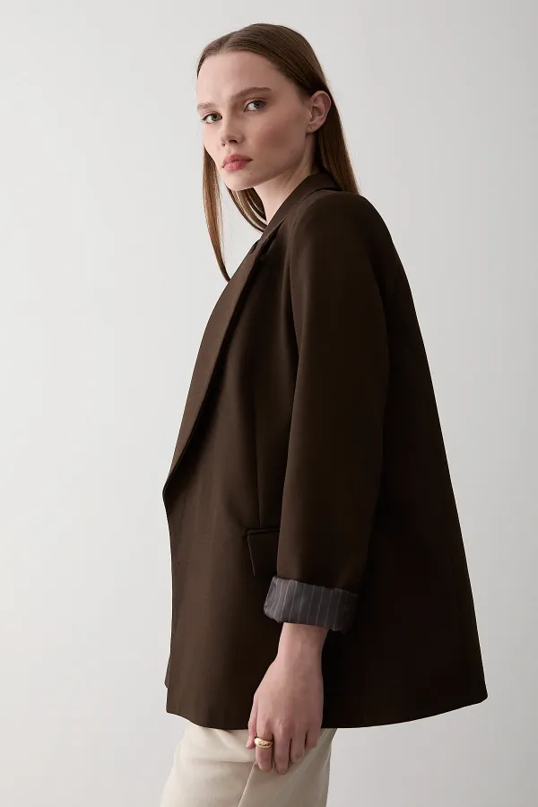Brown Striped Lined Blazer Jacket with Fold-Up Sleeves - 7560 Brown Striped Lined Blazer Jacket with Fold-Up Sleeves - 7560