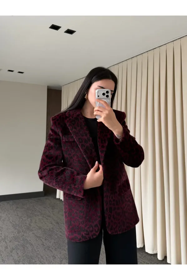 Bordo Leopar Kemerli Ceket - 9614
