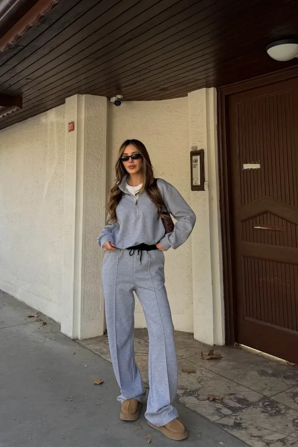 Ensemble de survêtement gris avec détail t-shirt et taille élastique - 0740