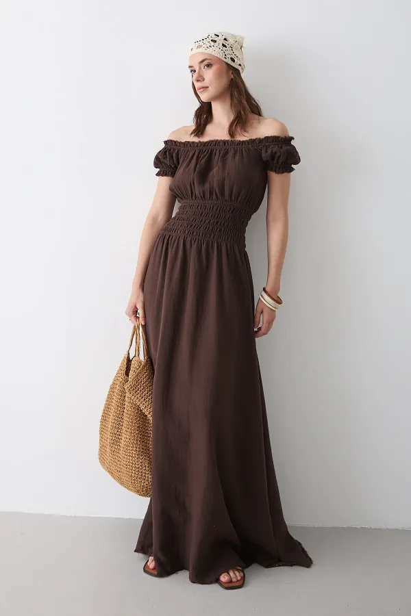 Kahverengi Büzgülü Elbise - 2002