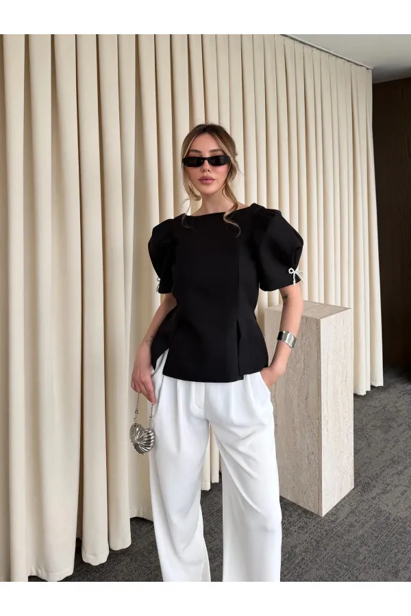 Siyah Kolu İnci Fiyonk Detaylı Bluz - 5001
