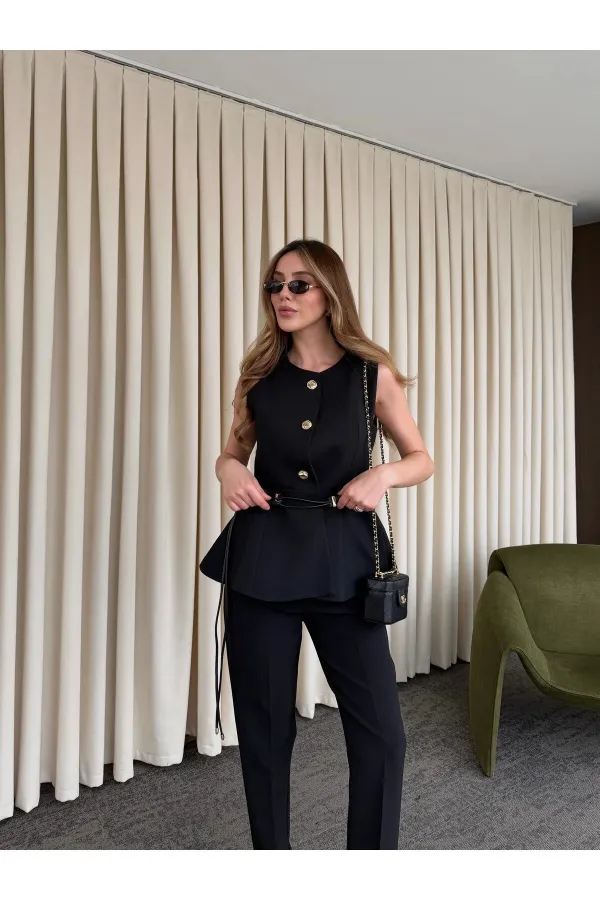 Siyah Kemerli Düğmeli Yelek - 9682