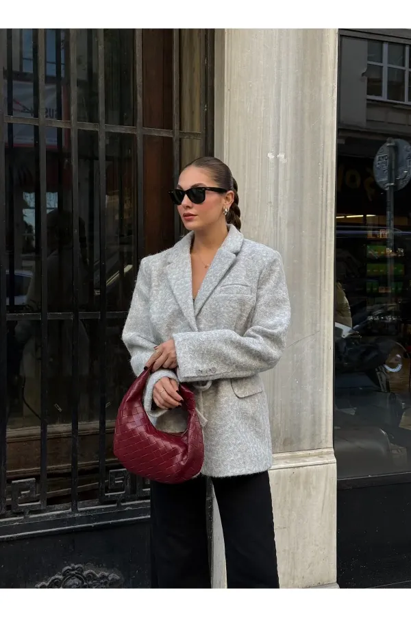 Veste Blazer en Cachemire Ceinturée Bouclé Gris - 7368