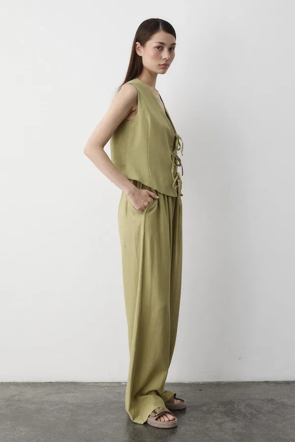 Ensemble gilet en mousseline kaki à 3 lacets