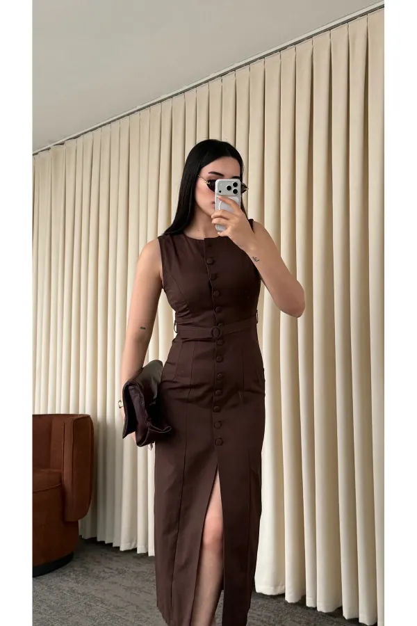 Kahverengi Düğmeli Kemerli Gabardin Elbise - 5002