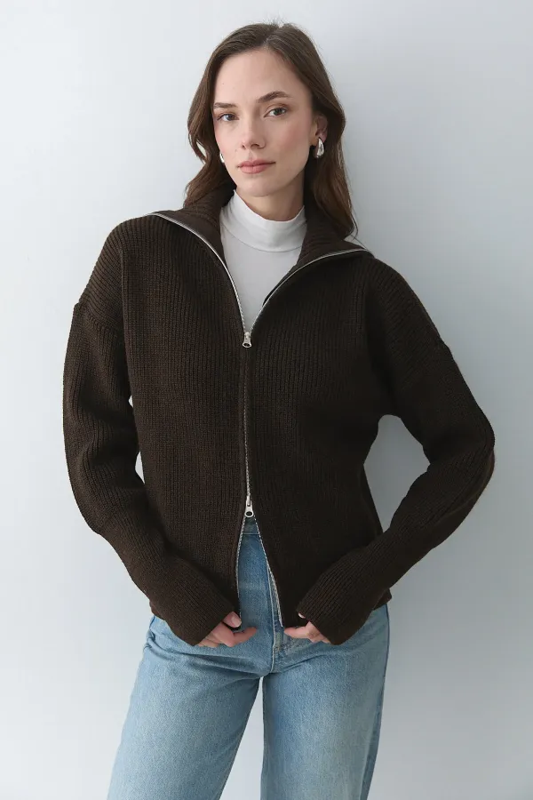 Brown Double Zip Cardigan - 251080 Brown Double Zip Cardigan - 251080