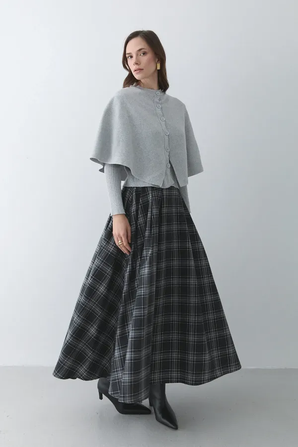 Anthracite Grey Plaid Skirt with Leather Trim - 4977 Anthracite Grey Plaid Skirt with Leather Trim - 4977