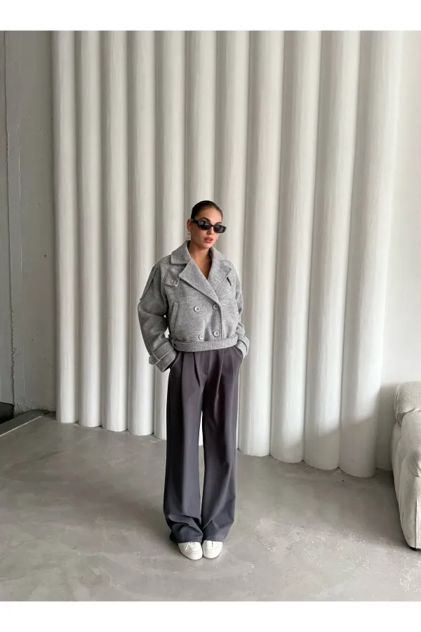 Grey Short Belted Cashmere Jacket - 9495