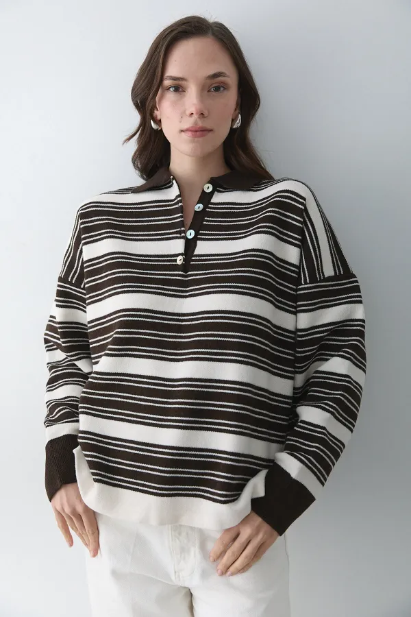 Koyu Kahve - Krem İki Renkli Çizgili Kazak - 251140