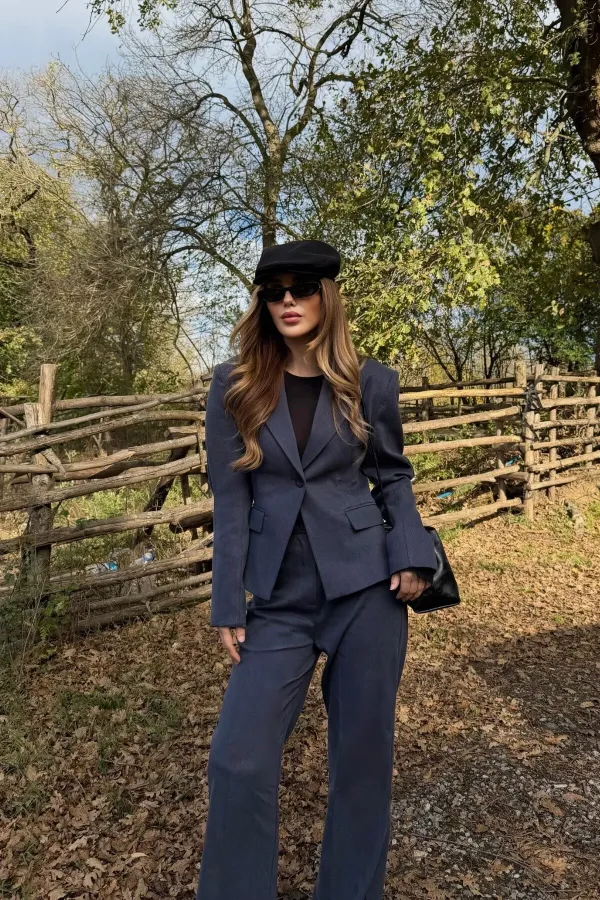 Navy Blue One-Button Jacket and Trousers Suit - 9480