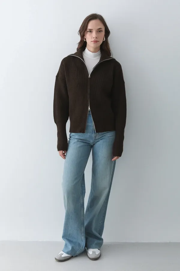 Brown Double Zip Cardigan - 251080 Brown Double Zip Cardigan - 251080