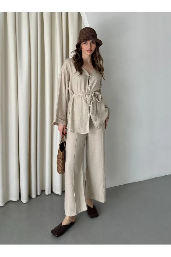 %100 Pamuk Kemerli Gömlek Pantolon Takım - 034