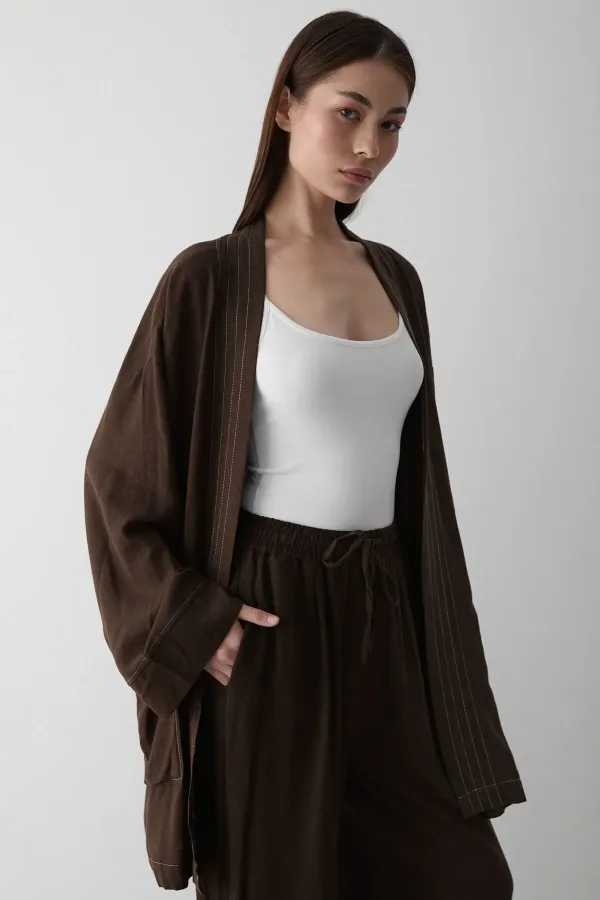 Kahverengi %100 Pamuk Cep Detaylı Kuşaklı Kimono Takım - 8491