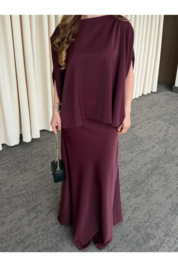 Mürdüm Omuz Drapeli Saten Bluz Etek Takım - 8005
